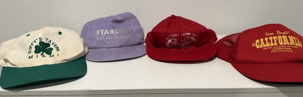 4 VINTAGE HATS - DUFFY’S MIAMI, STARDUST CASINO, CALDER RACE COURSE, SAM BOYD’s